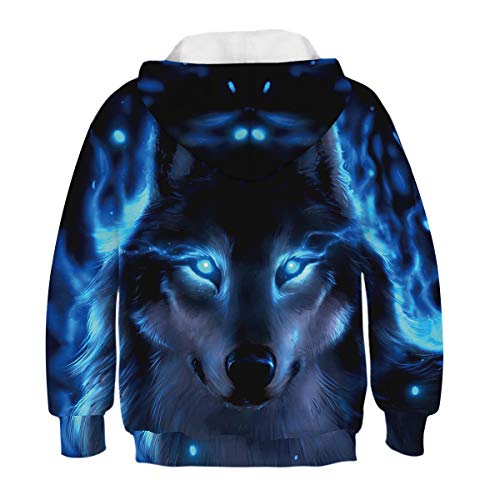 Cool Wolf Hoodie for Kids in Black/Blue, Size 8-12