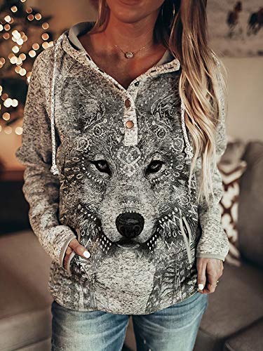 Grey Wolf Button Hooded Sweater for Women