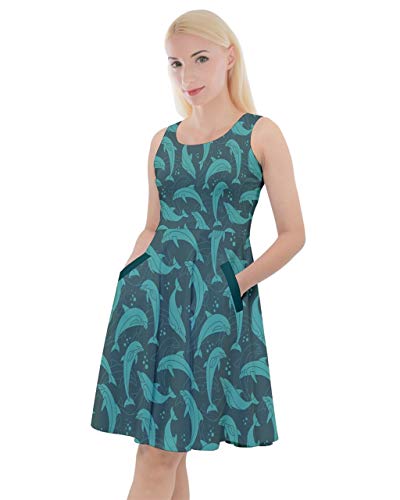 Dolphins Mosaic Pattern Skater Dress - XL Dark Cyan