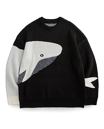 Whale Print Pullover Sweater: Vintage Streetwear for Men