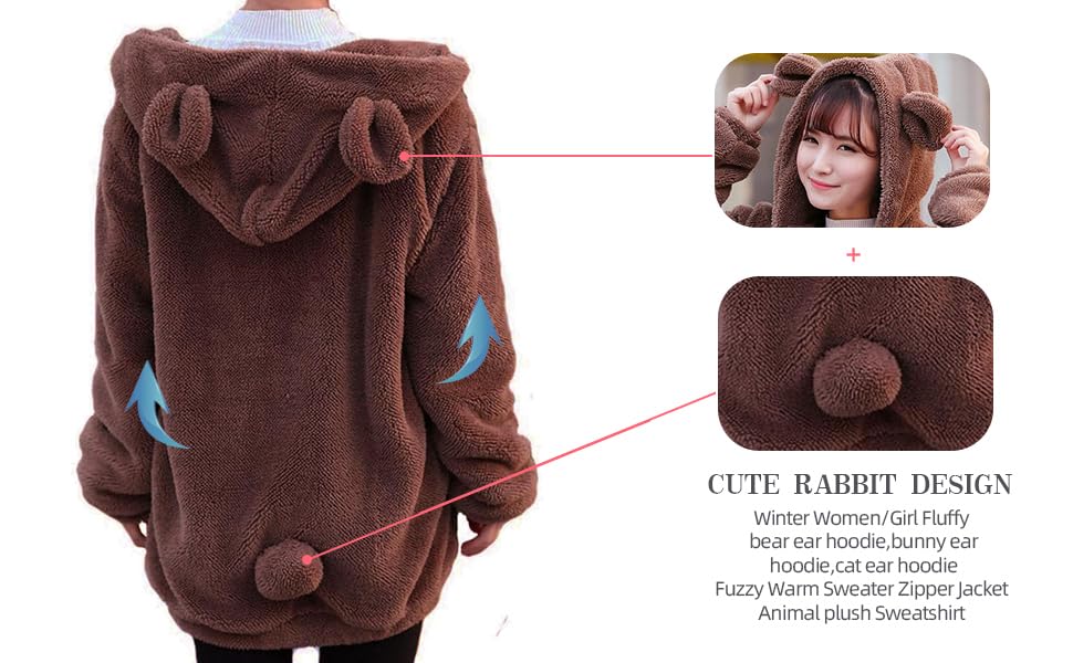 ixiton Winter Womens Fluffy Bear Tail Hoodies,Lovely Plush bunny Hoodies,fuzzy warm sweater,Zipper Jacket Coats,animal Sweatshirt (coffee bear)