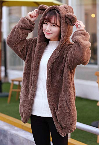 ixiton Winter Womens Fluffy Bear Tail Hoodies,Lovely Plush bunny Hoodies,fuzzy warm sweater,Zipper Jacket Coats,animal Sweatshirt (coffee bear)