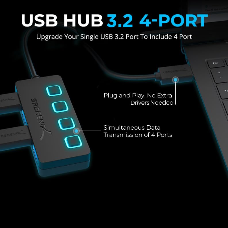 4-Port USB Hub with LED Switches and Cable