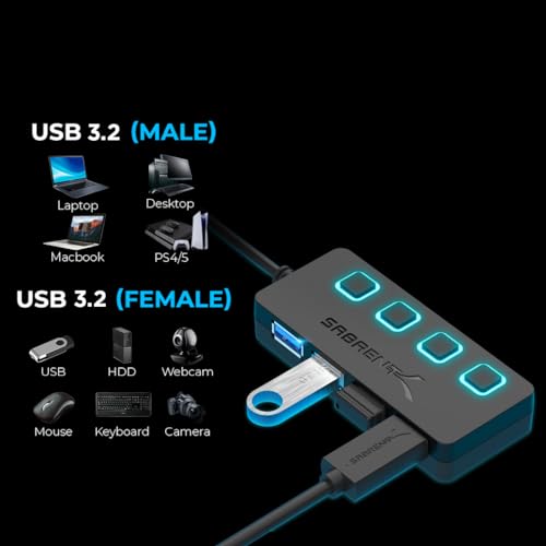 4-Port USB Hub with LED Switches and Cable