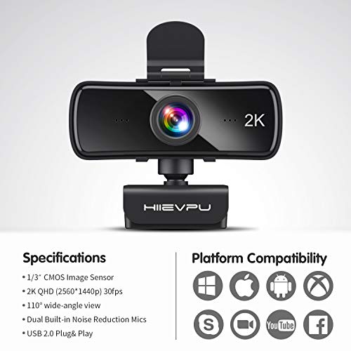Hiievpu 2K USB Webcam with Microphone for Gaming