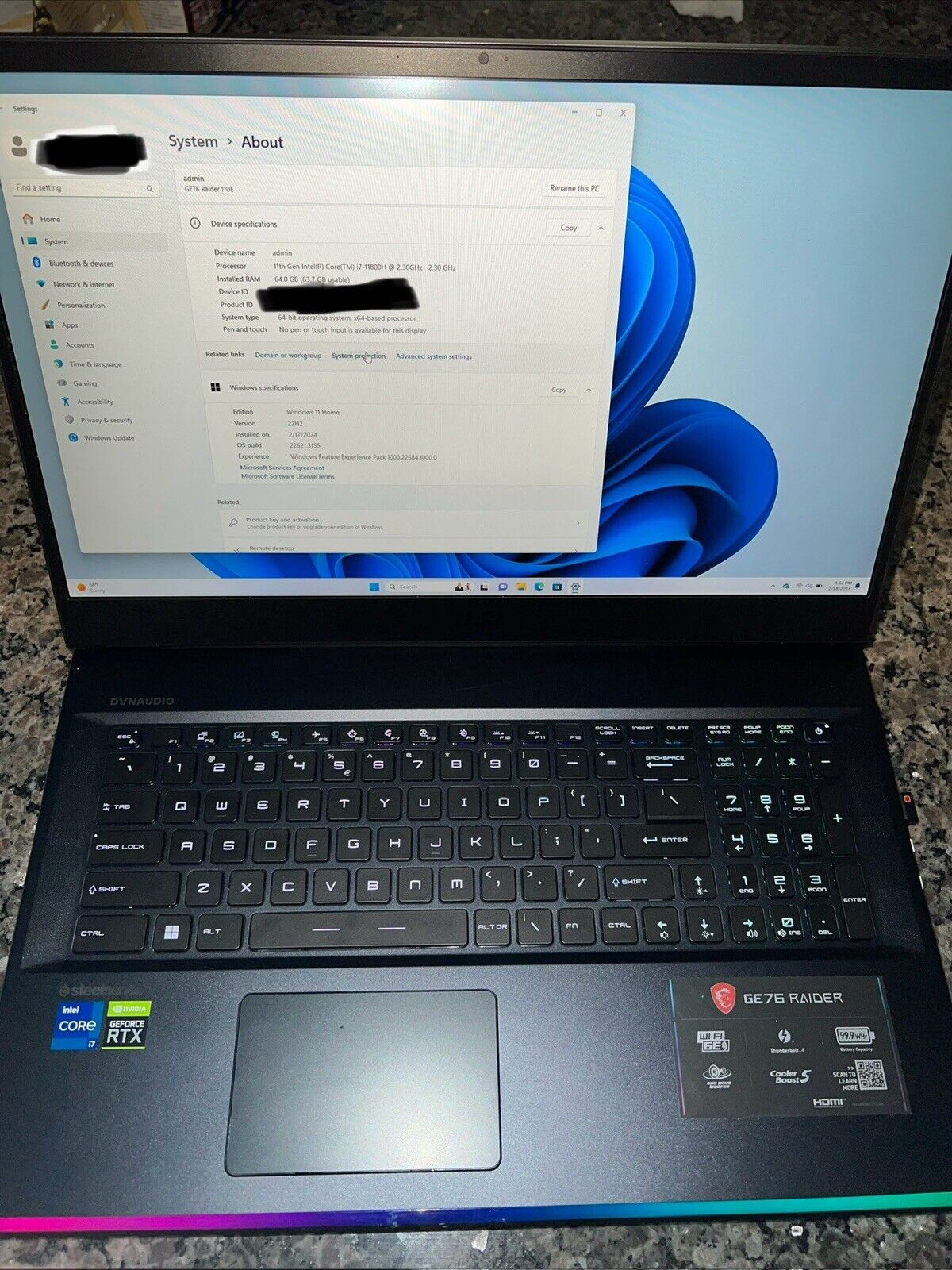 MSI GE76 Raider 11UE Gaming Laptop- i7, 64GB RAM
