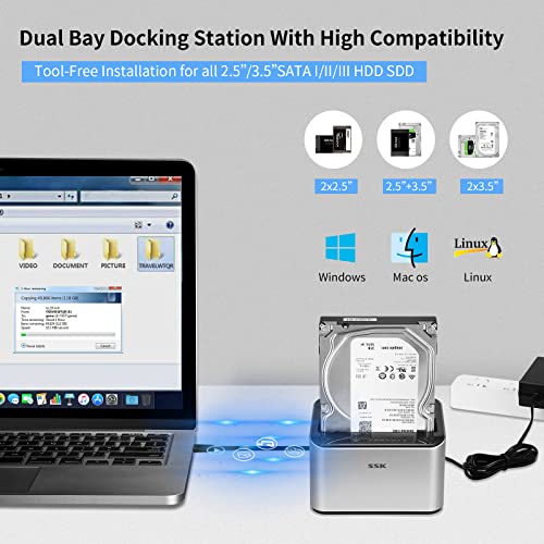 SSK Aluminum Dual Bay HDD Docking Station, USB 3.0