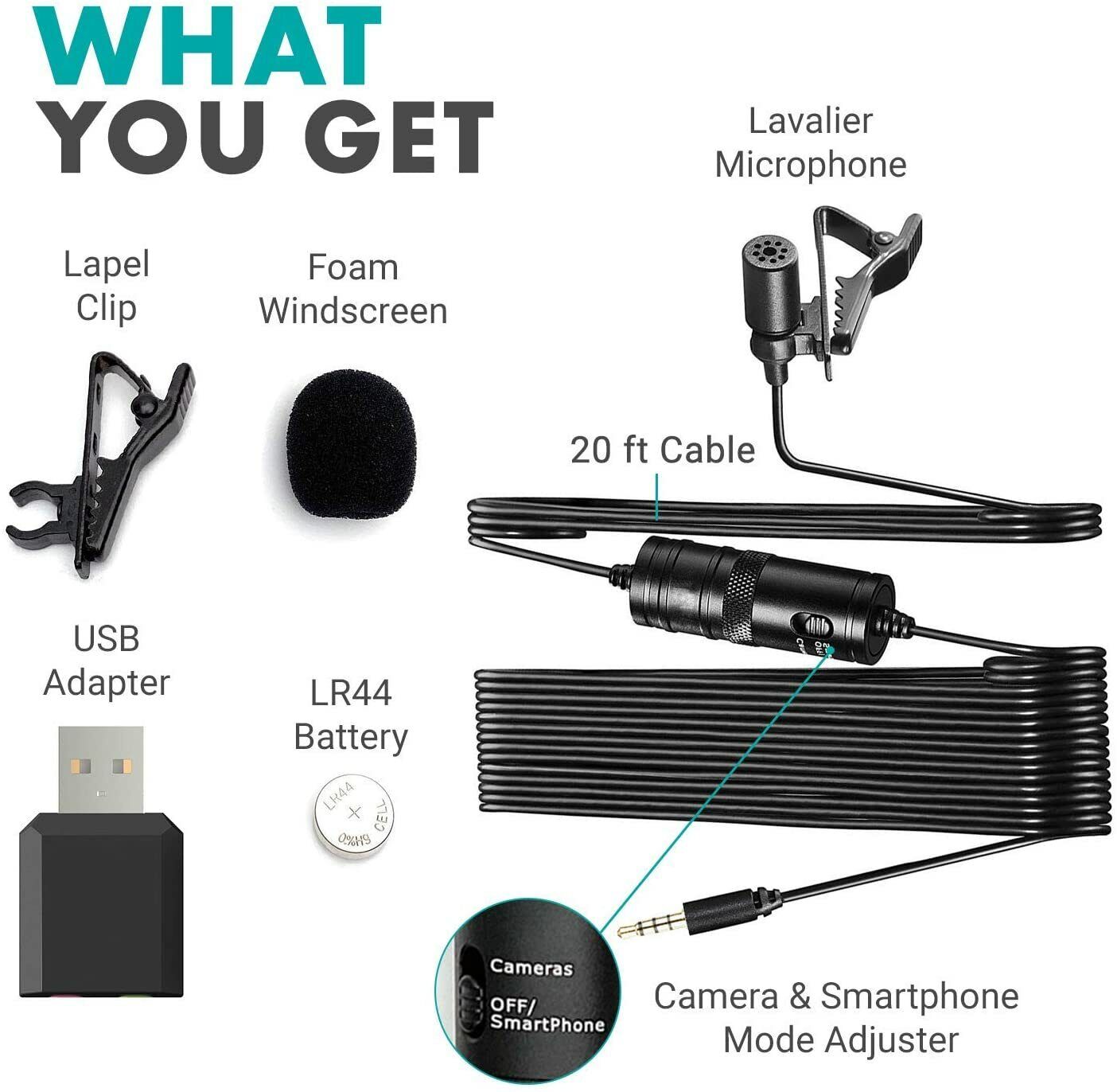 Movo Universal Lavalier Microphone for USB, Laptop, PC, Mac, Smartphone, Camera