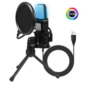 RGB USB Condenser Recording Microphone Pop Filter Mic for PS4 PS5 PC Laptop Game