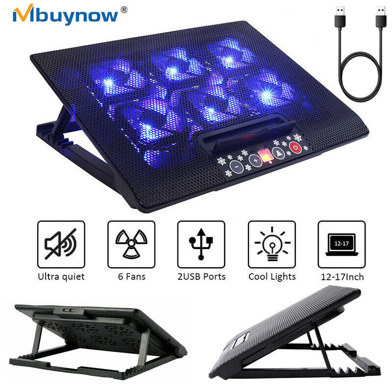 6 Quiet Fans Laptop Cooler Gaming Computer Cooling Pad Mat Tilt Stand LED 12-17"