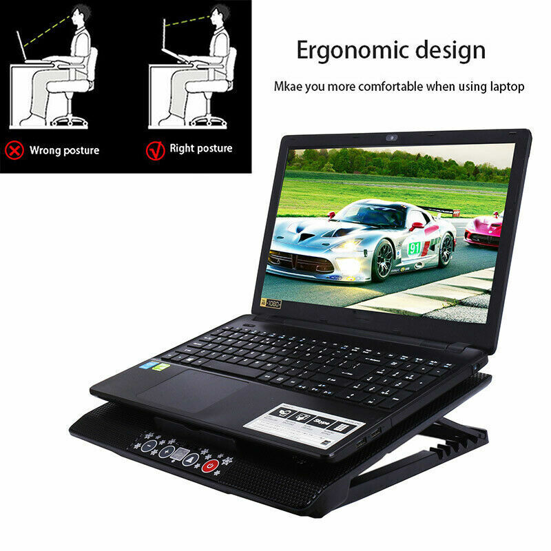 6 Quiet Fans Laptop Cooler Gaming Computer Cooling Pad Mat Tilt Stand LED 12-17"