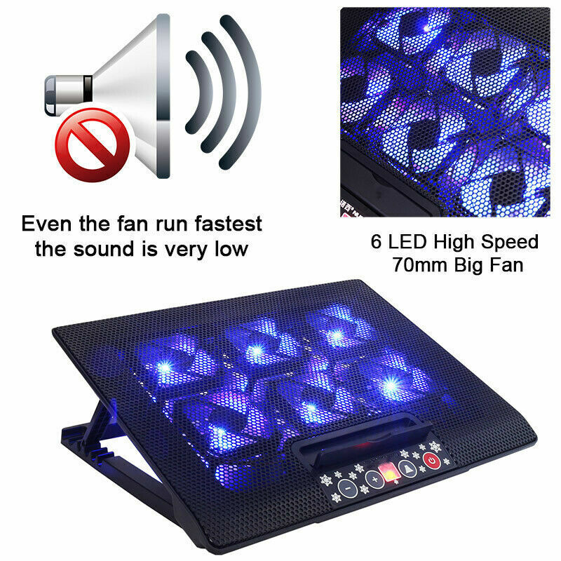 6 Quiet Fans Laptop Cooler Gaming Computer Cooling Pad Mat Tilt Stand LED 12-17"