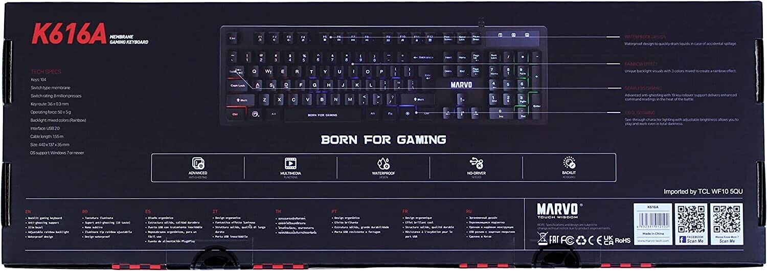 Marvo RGB Gaming Keyboard with Rainbow LED Backlit