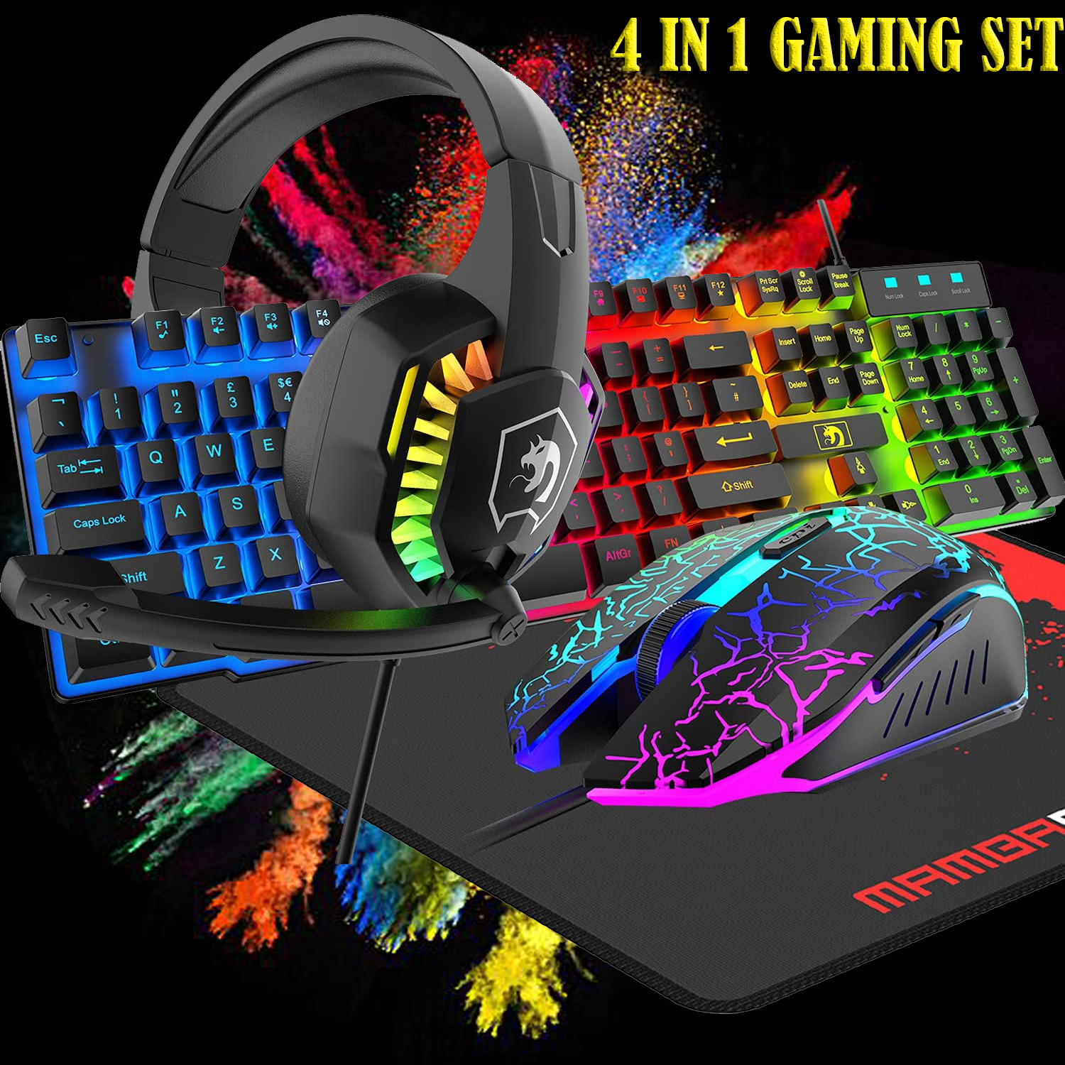 Rainbow Backlit Gaming Keyboard, Mouse, & Headset Set