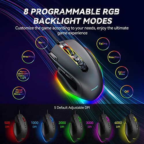 TECKNET Wired Gaming Mouse, 8000 DPI, RGB Backlit