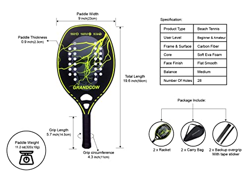 Padel Racket with Carbon Frame and Soft EVA Core (2PCS Green-L)