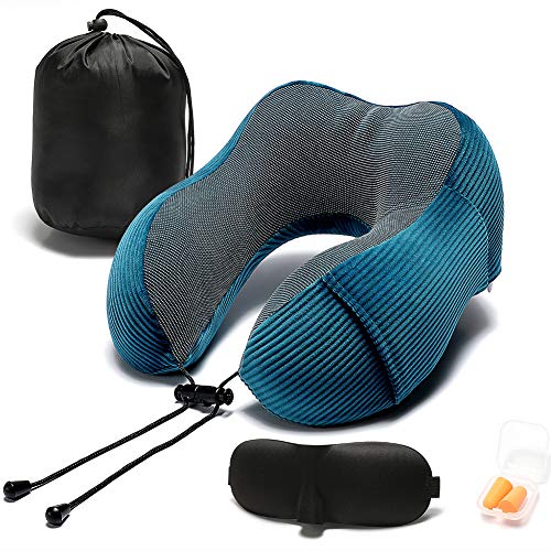 Blue Memory Foam Neck Pillow with 360° Support