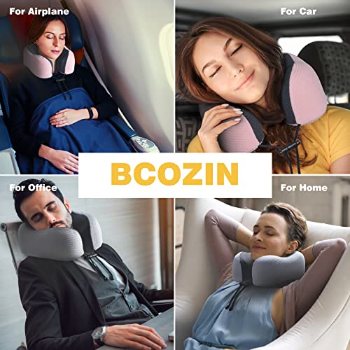 BCOZIN Travel Pillow, Chin Support Neck Pillows for Travel 100% Pure Memory Foam Travel Neck Pillow for Airplane Travel Essentials, Luxury Plane Travel Accessories, Pink Stripe