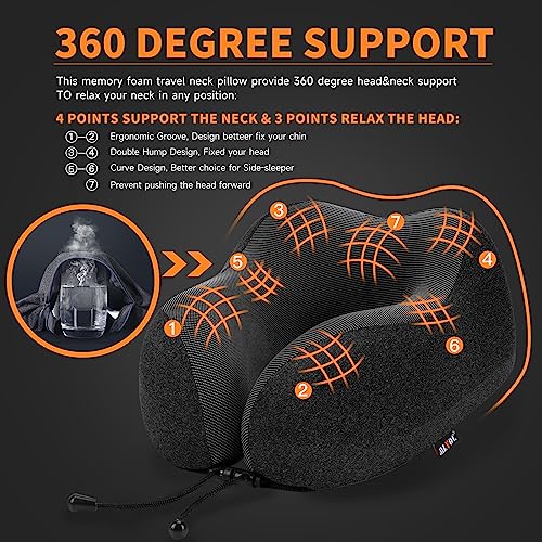 MLVOC Travel Pillow 100% Pure Memory Foam Neck Pillow, Comfortable & Breathable Cover, Machine Washable, Airplane Travel Kit with 3D Contoured Eye Masks, Earplugs, and Luxury Bag, Standard (Black)