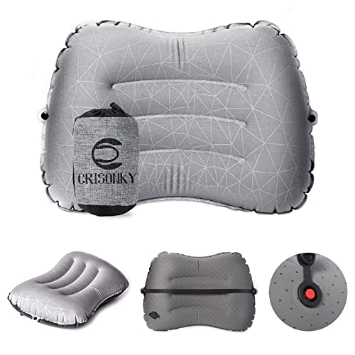 Crisonky Camping Pillow - Inflatable Pillow - Travel Pillows for Backpacking & Airplane, Lumbar Support 2.0 Blow Up Pillows, Ultralight Compressible, Comfortable, Ergonomic Pillows (Light Grey)