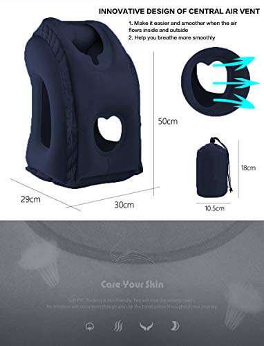 Kimiandy Inflatable Travel Pillow for Airplane, Inflatable Neck Air Pillow for Sleeping to Avoid Neck and Shoulder Pain, Support Head, Neck and Lumbar, Used for Airplane, Car, Bus and Office (Blue)