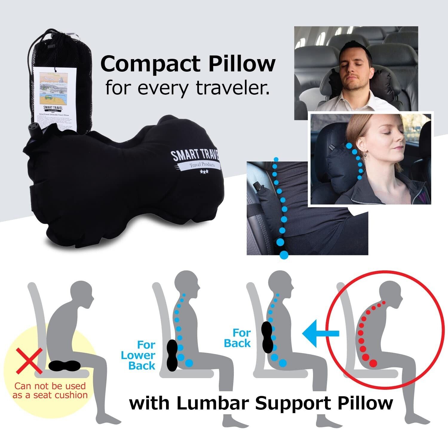 SmartTravel Inflatable Lumbar Travel Pillow: Airplane Back Support
