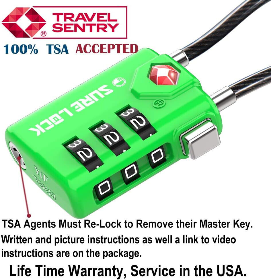 SURE LOCK TSA Compatible Travel Luggage Locks, Inspection Indicator 4 Pack Green