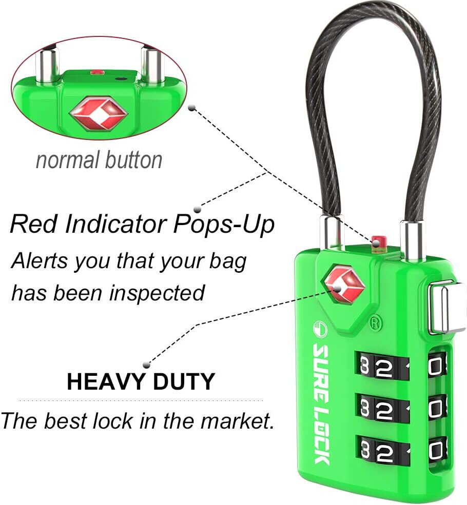 SURE LOCK TSA Compatible Travel Luggage Locks, Inspection Indicator 4 Pack Green