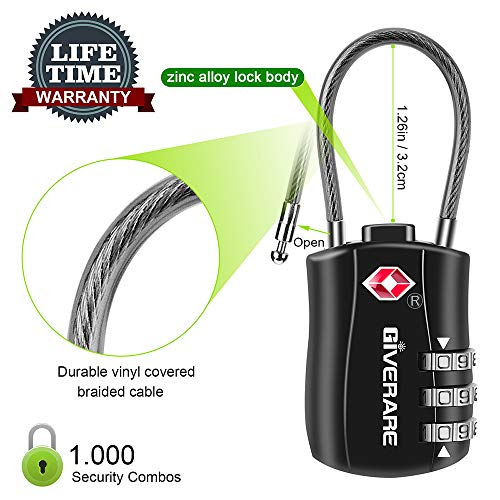 GIVERARE 2 PCS TSA Approved Luggage Locks, Combination Travel Cable Lock, Re-settable 3-Digit Padlocks with Alloy Body, Keyless Travel Sentry Accepted Padlock for Gym Locker, Golf Bag Case-Black