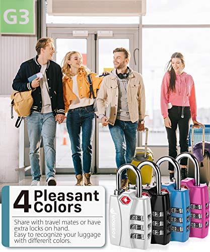 Fosmon TSA Accepted Luggage Locks, (4 Pack) Open Alert Indicator 3 Digit Combination Padlock Codes with Alloy Body for Travel Bag, Suit Case, Lockers, Gym, Bike Locks - Black, Blue, Pink, and Silver