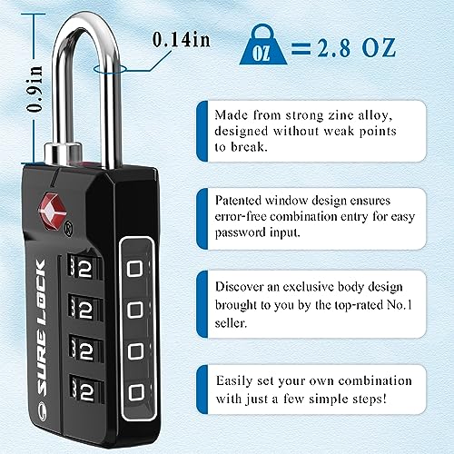 TSA Approved Travel Luggage Locks, Open Alert Combination Lock for School Office & Gym Locker,Toolbox, Pelican Case,Easy Read Dials- 1, 2 & 4 Pack (1, Black 1 Pack)