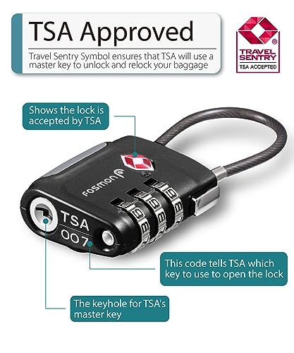 Fosmon TSA Accepted Cable Luggage Locks, (4 Pack) Re-settable Easy to Read 3 Digit Combination with Alloy Body and Release Button for Travel Bag, Suit Case & Luggage - Black