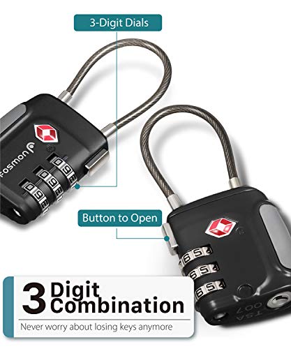Fosmon TSA Accepted Cable Luggage Locks, (4 Pack) Re-settable Easy to Read 3 Digit Combination with Alloy Body and Release Button for Travel Bag, Suit Case & Luggage - Black