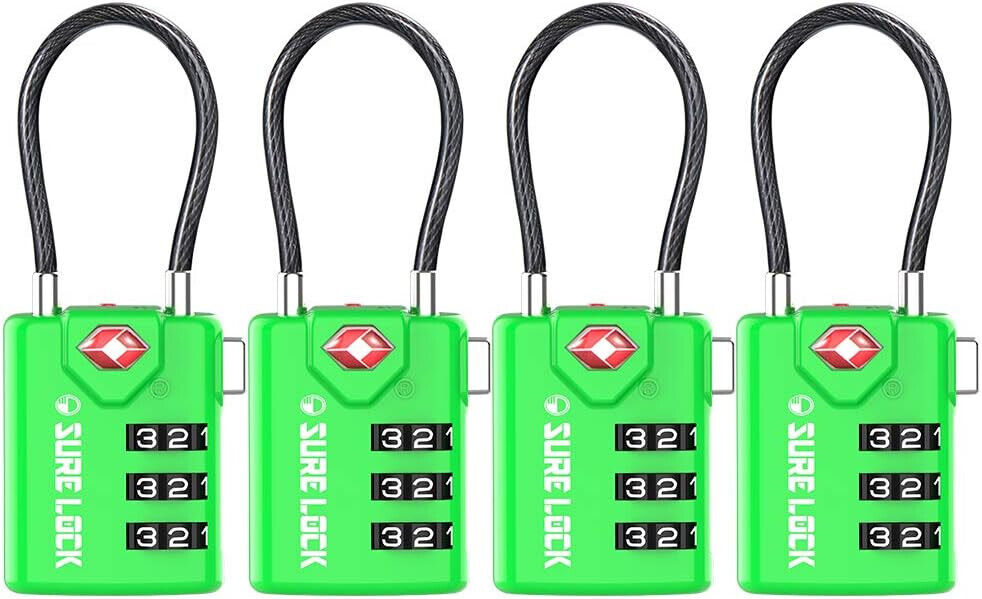 SURE LOCK TSA Compatible Travel Luggage Locks, Inspection Indicator 4 Pack Green