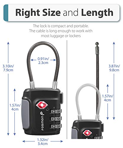 Fosmon TSA Accepted Cable Luggage Locks, (4 Pack) Re-settable Easy to Read 3 Digit Combination with Alloy Body and Release Button for Travel Bag, Suit Case & Luggage - Black