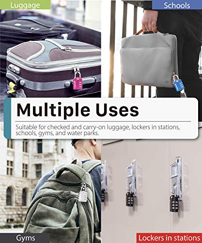 Fosmon TSA Accepted Luggage Locks, (4 Pack) Open Alert Indicator 3 Digit Combination Padlock Codes with Alloy Body for Travel Bag, Suit Case, Lockers, Gym, Bike Locks - Black, Blue, Pink, and Silver