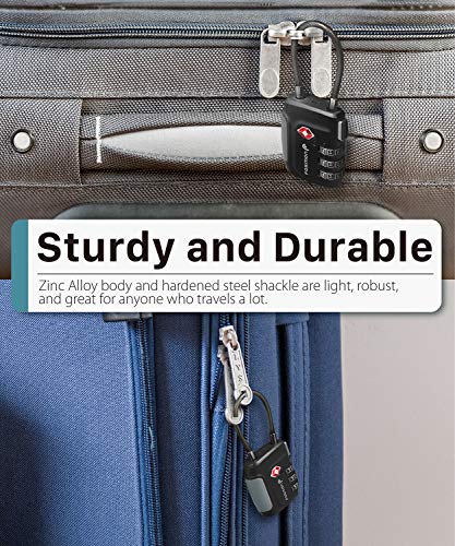 Fosmon TSA Accepted Cable Luggage Locks, (4 Pack) Re-settable Easy to Read 3 Digit Combination with Alloy Body and Release Button for Travel Bag, Suit Case & Luggage - Black