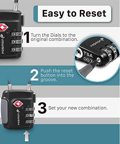 Fosmon TSA Accepted Cable Luggage Locks, (4 Pack) Re-settable Easy to Read 3 Digit Combination with Alloy Body and Release Button for Travel Bag, Suit Case & Luggage - Black
