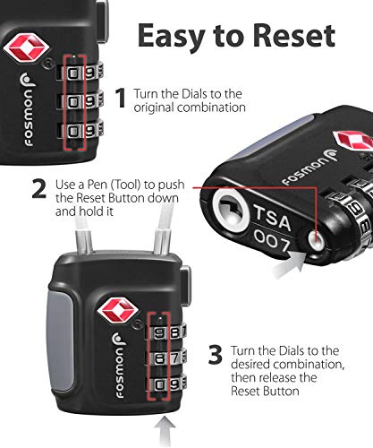 Fosmon TSA Accepted Cable Luggage Locks, (4 Pack) Re-settable Easy to Read 3 Digit Combination with Alloy Body and Release Button for Travel Bag, Suit Case & Luggage - Black