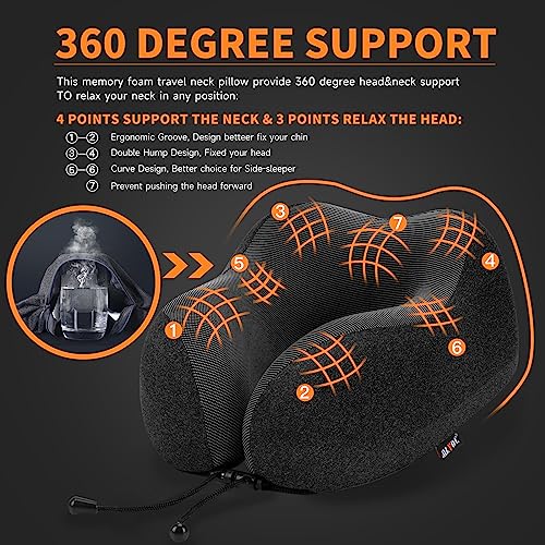 MLVOC Travel Pillow 100% Pure Memory Foam Neck Pillow, Comfortable & Breathable Cover, Machine Washable, Airplane Travel Kit with 3D Contoured Eye Masks, Earplugs, and Luxury Bag, Standard (Black)