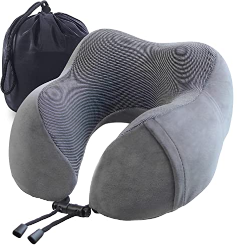 YIRFEIKRER Travel Pillow, Best Memory Foam Neck Pillow and Head Support Soft Pillow with Side Storage Bags, for Sleep Rest, Airplane, Car, Family and Travel Use（Dark Grey）