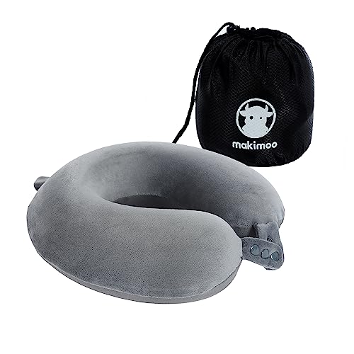 Makimoo Travel Neck Pillow, Top Memory Foam Pillow for Head Support, Ideal for Airplanes, Cars, and Home Recliners, Adjustable and Soft (Grey)