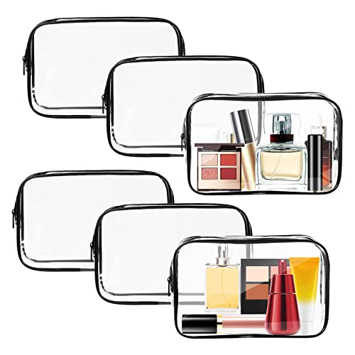 AURUZA 6 PACK Clear Toiletry Bag, TSA Approved Cosmetic Makeup Bags Set, Portable Travel Makeup Bags Zipper PVC Cosmetic Pouch Airport Airline for Travel, Bathroom (6 Packs Black)
