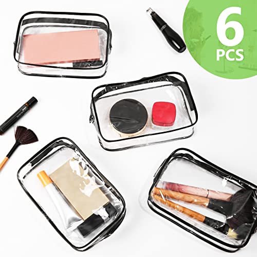AURUZA 6 PACK Clear Toiletry Bag, TSA Approved Cosmetic Makeup Bags Set, Portable Travel Makeup Bags Zipper PVC Cosmetic Pouch Airport Airline for Travel, Bathroom (6 Packs Black)
