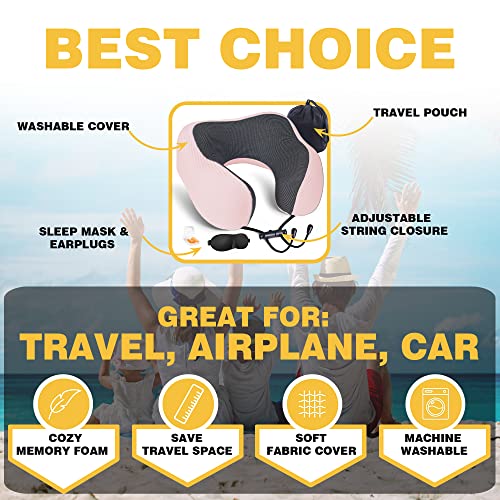 BCOZIN Travel Pillow, Chin Support Neck Pillows for Travel 100% Pure Memory Foam Travel Neck Pillow for Airplane Travel Essentials, Luxury Plane Travel Accessories, Pink Stripe