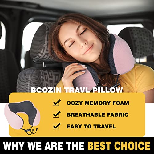 BCOZIN Travel Pillow, Chin Support Neck Pillows for Travel 100% Pure Memory Foam Travel Neck Pillow for Airplane Travel Essentials, Luxury Plane Travel Accessories, Pink Stripe