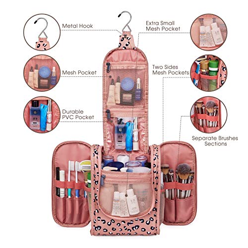 Narwey Hanging Travel Toiletry Bag Cosmetic Make up Organizer for Women and Men (Medium, Orange Leopard)