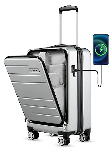 LUGGEX Silver Carry On Luggage 22x14x9 Airline Approved, Hard Shell Luggage with USB Port, Travel Suitcase with Wheels and Pocket Compartment