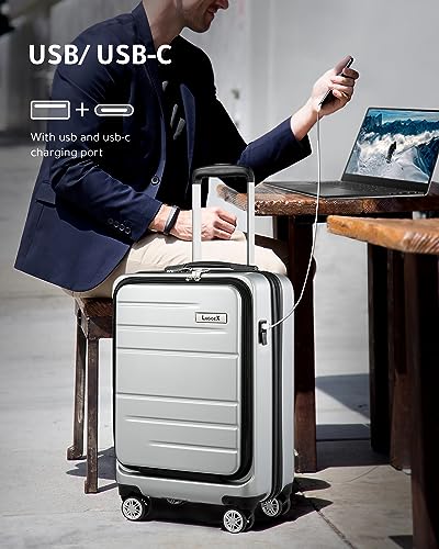 LUGGEX Silver Carry On Luggage 22x14x9 Airline Approved, Hard Shell Luggage with USB Port, Travel Suitcase with Wheels and Pocket Compartment