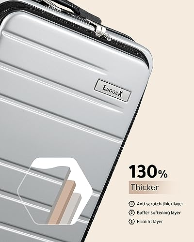 LUGGEX Silver Carry On Luggage 22x14x9 Airline Approved, Hard Shell Luggage with USB Port, Travel Suitcase with Wheels and Pocket Compartment